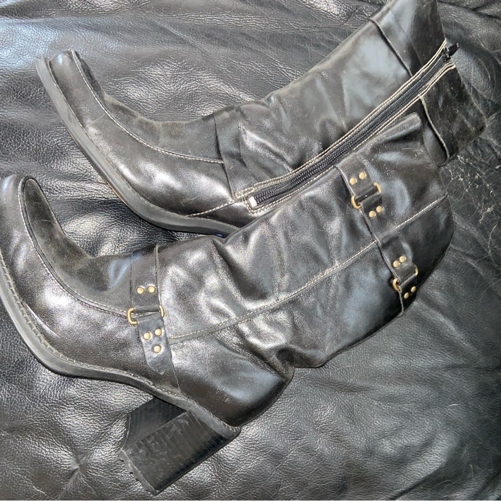 Shin to possibly knee high Indigo black boots. Bought them used and NEVER wore.